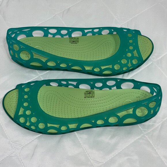 Crocs Adrina Women’s W11 Green Peep Toe Jelly Flats Slip On Comfort Shoes 80s - Picture 1 of 13